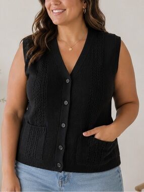 Made in the USA Button-Front Sleeveless Knit Vest - Black L